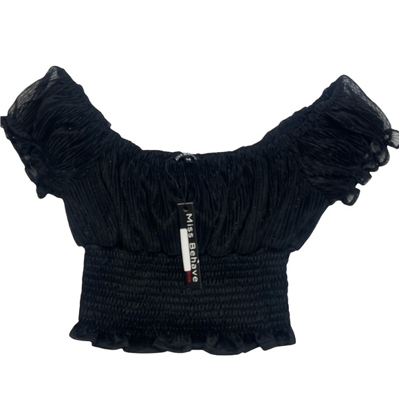 NWT Miss Behave Black Raya Smocked Waist Off-Shoulder Cropped Top 14 - Picture 1 of 9